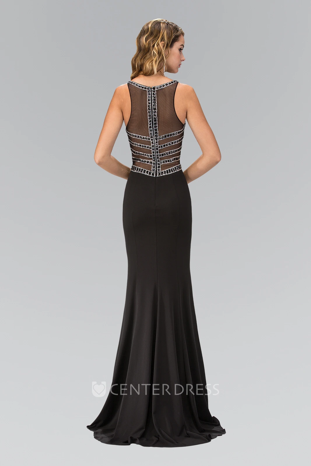 Sheath Long V-Neck Sleeveless Jersey Illusion Dress With Beading And Split Front