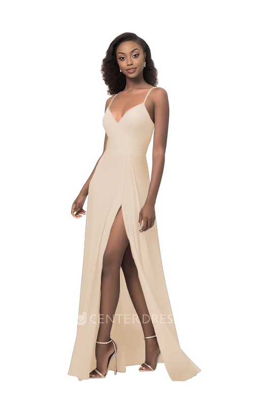 Spaghetti Chiffon A-Line Bridesmaid Dress with Front Split Sexy & Modern