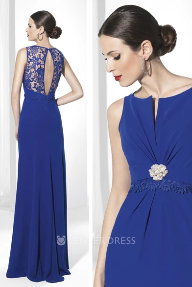 Sheath Long Sleeveless Broach Chiffon Prom Dress With Lace