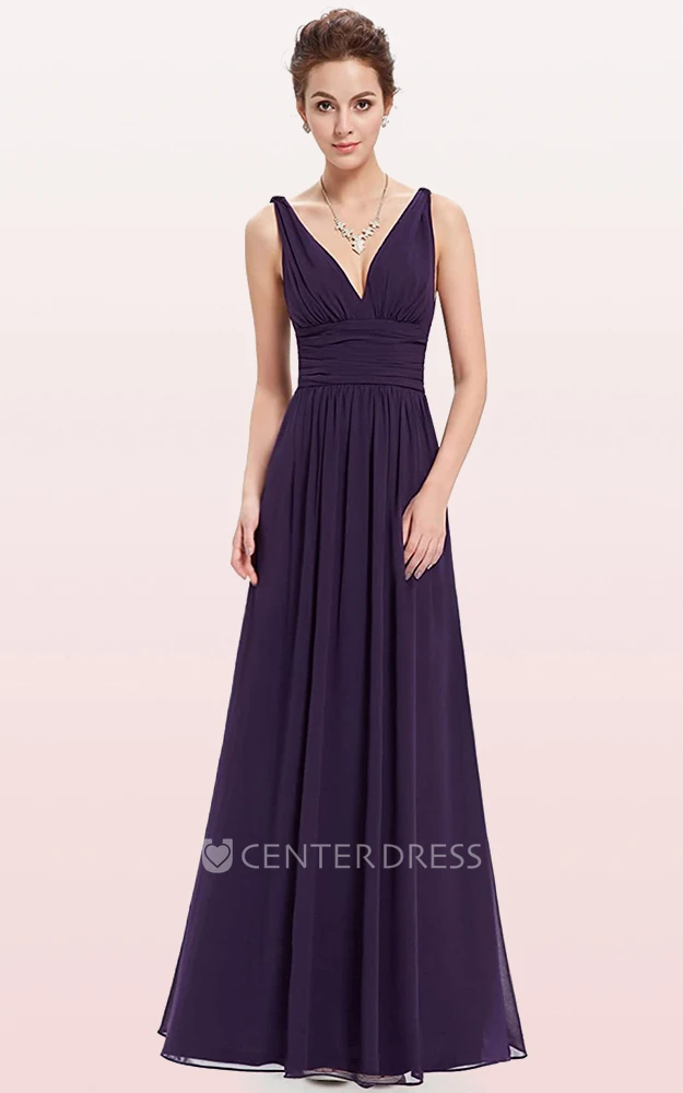 Romantic A Line Chiffon V-neck Sleeveless Prom Dress With Ruffles