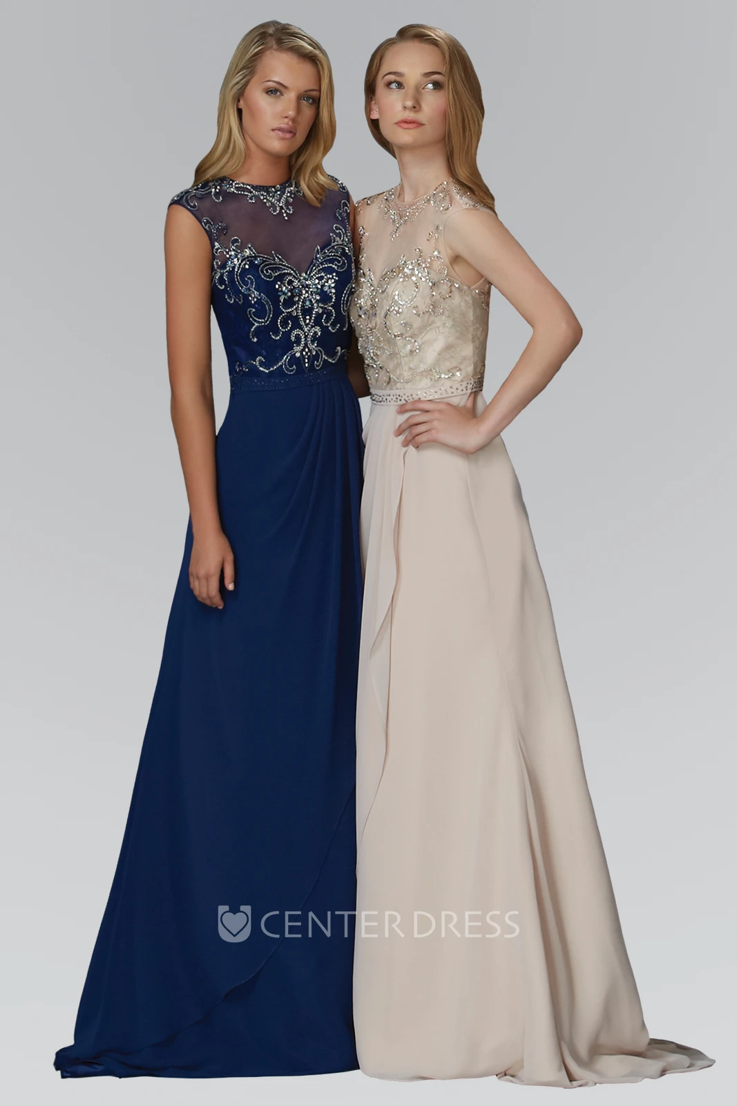 A-Line Jewel-Neck Cap-Sleeve Jersey Illusion Dress With Beading And Draping