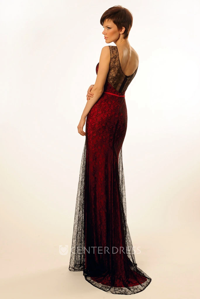 Sheath Appliqued Sleeveless Floor-Length Scoop Lace Prom Dress With Low-V Back And Sweep Train