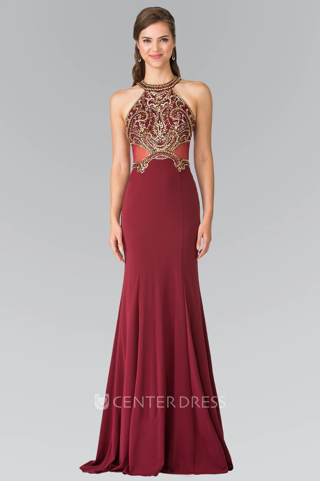 Sheath Long Scoop-Neck Sleeveless Jersey Illusion Dress With Sequins And Beading