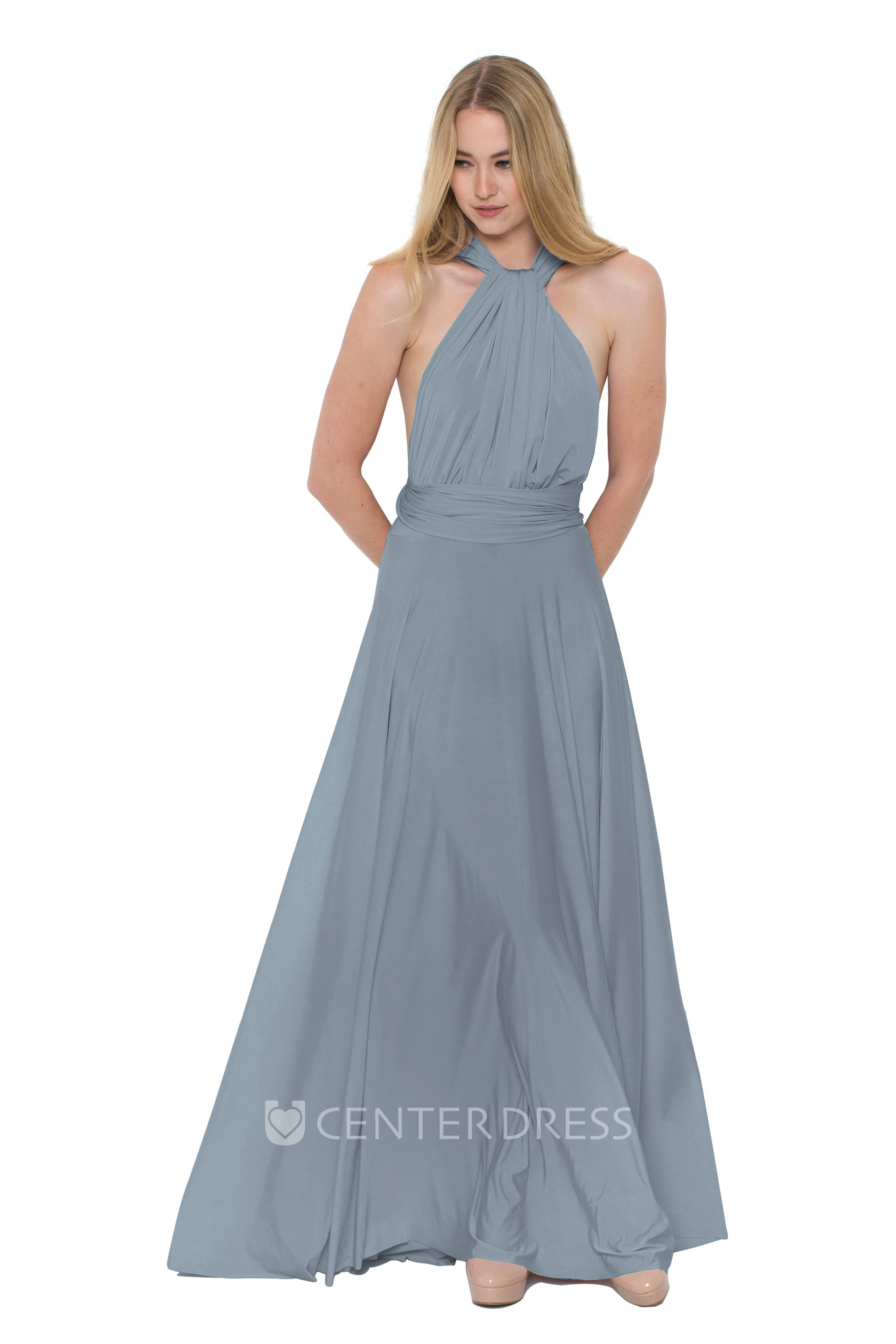 Floor-Length V-Neck Ruched Sleeveless Chiffon Muti-Color Convertible Bridesmaid Dress With Straps