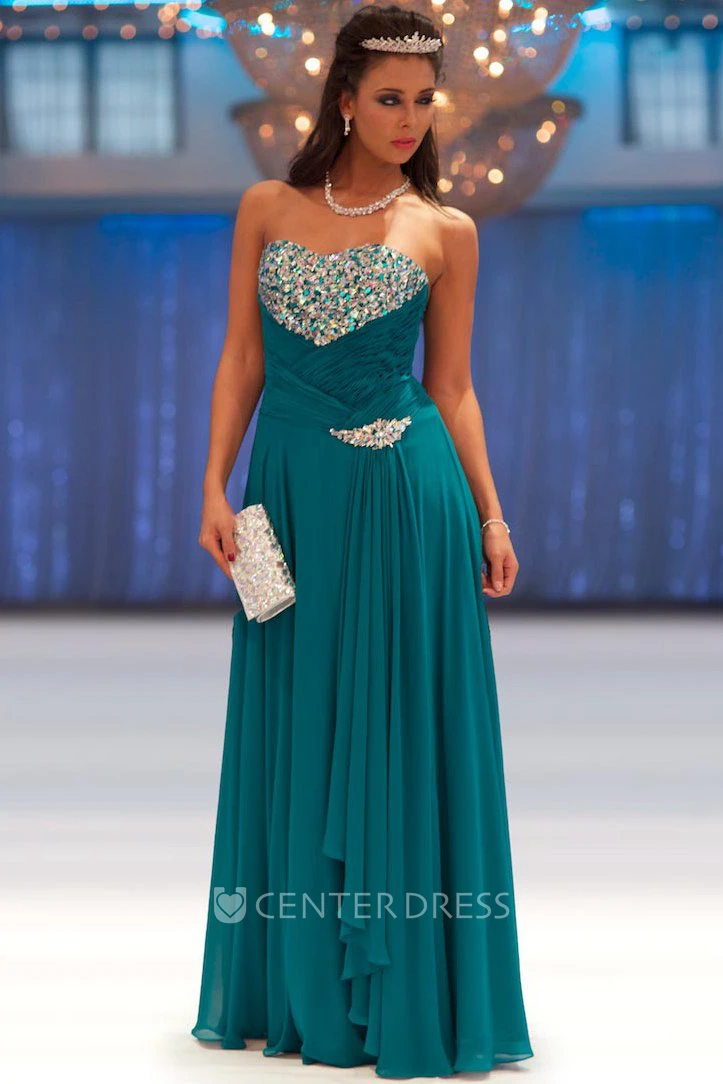 Sheath Floor-Length Sleeveless Sweetheart Beaded Chiffon Prom Dress With Pleats