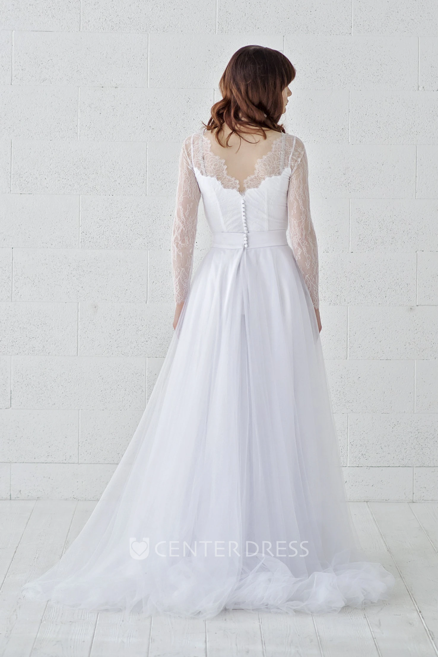 Long Sleeve Illusion Lace Button Back Scalloped Tulle Wedding Dress