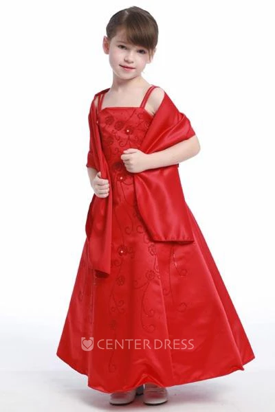 Floral Ankle-Length Beaded Floral Sequins&Satin Flower Girl Dress With Straps