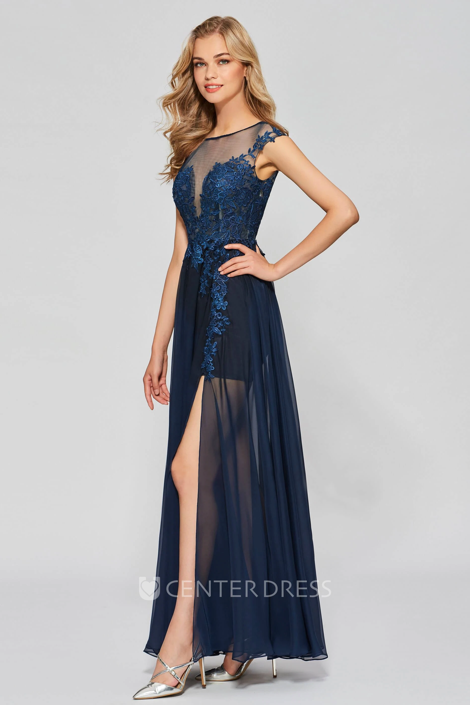 Lace Appliqued A-line Sexy Split Front Bateau Chiffon Gown With Deep V-back