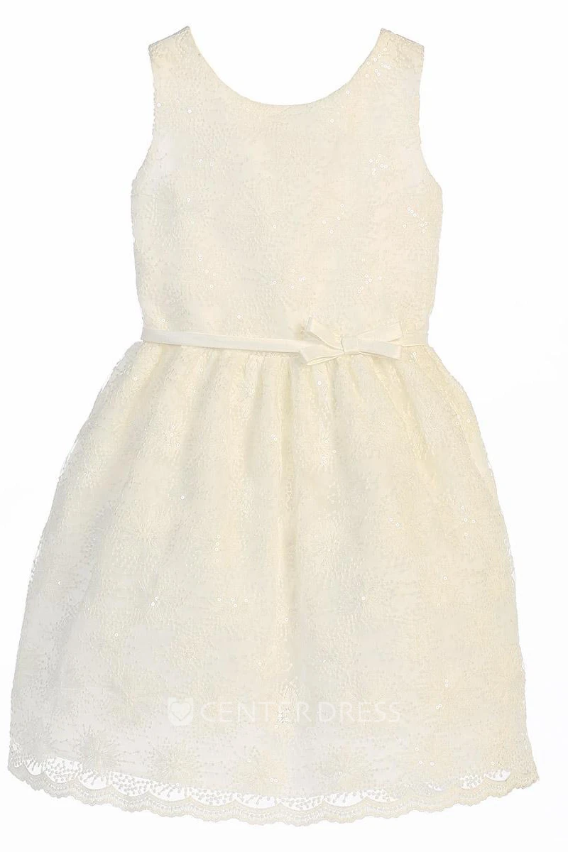 Scalloped Midi Bowed Tiered Sequins&Satin Flower Girl Dress
