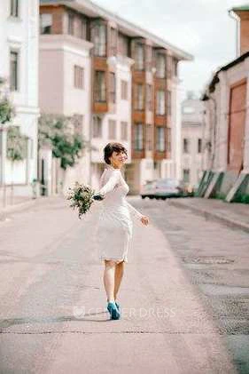 High Neck Lace Long Sleeve Knee-Length Wedding Dress