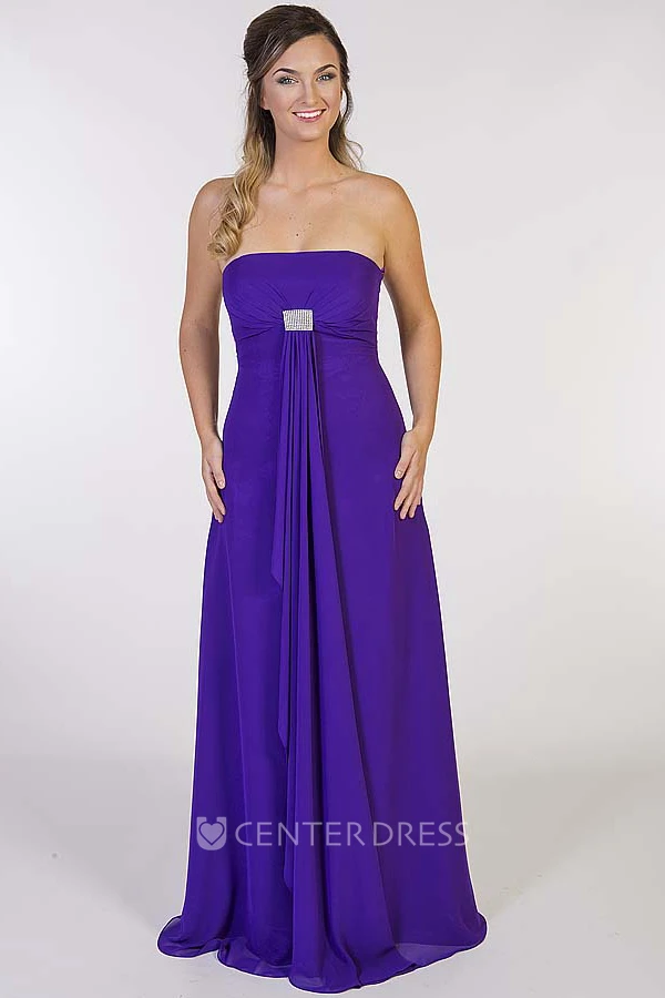 A-Line Strapless Long Broach Sleeveless Chiffon Prom Dress With Draping