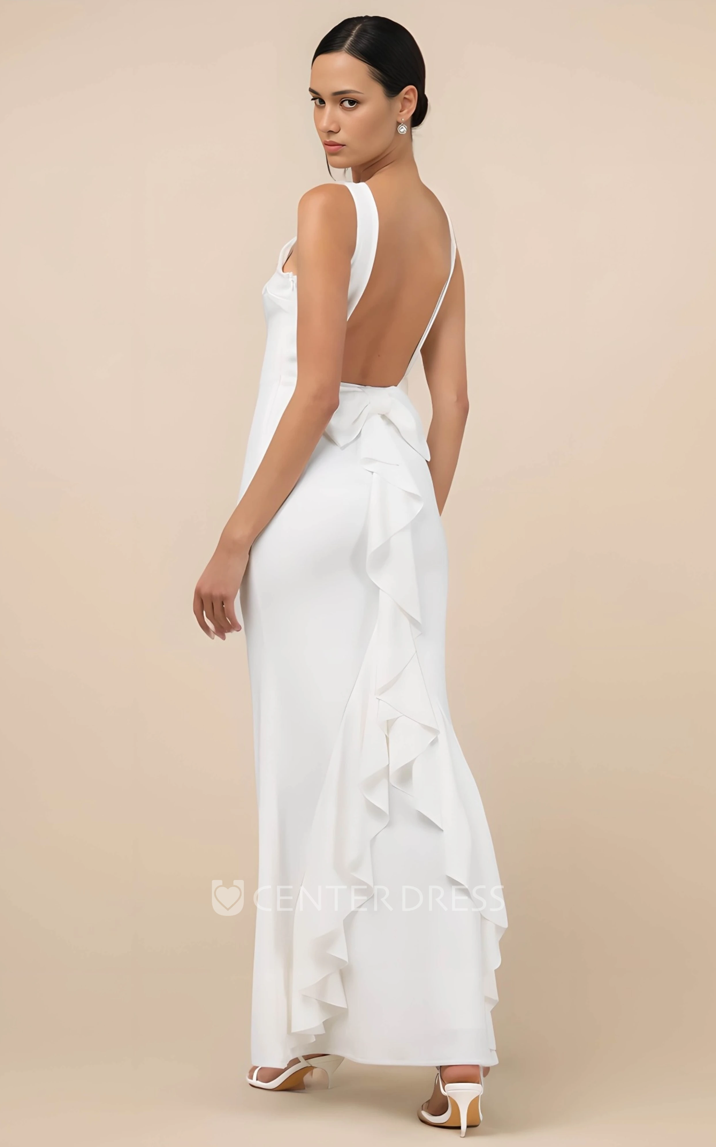 Solid Mermaid Satin Maxi Spring Wedding Dress Minimalist Casual A-Line Backless Bow Ruffled Bridal Gown