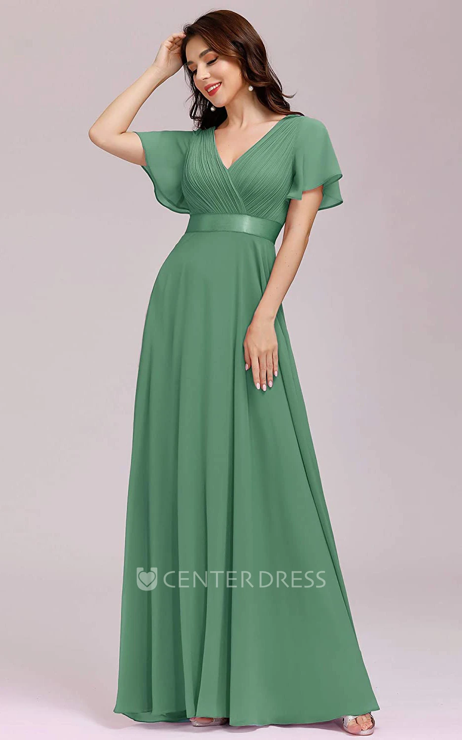 Romantic A Line Chiffon V-neck Short Sleeve Prom Evening Dress With Ruffles