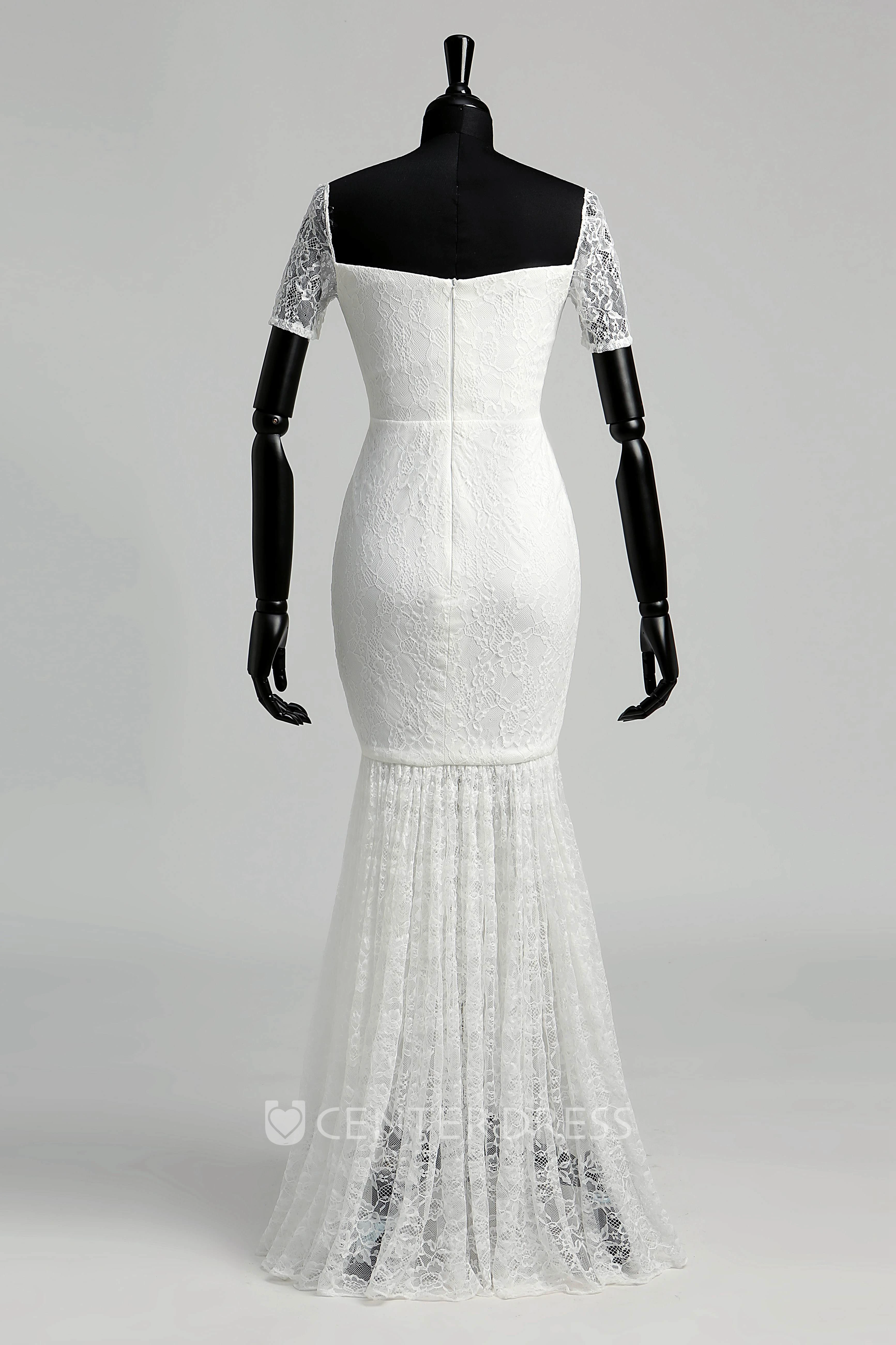 Lace Mermaid Off-the-shoulder Illusion Short Sleeve Wedding Dress with Pleats