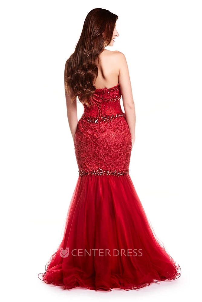 Mermaid Crystal Sweetheart Sleeveless Floor-Length Tulle&Lace Prom Dress With Backless Style And Appliques