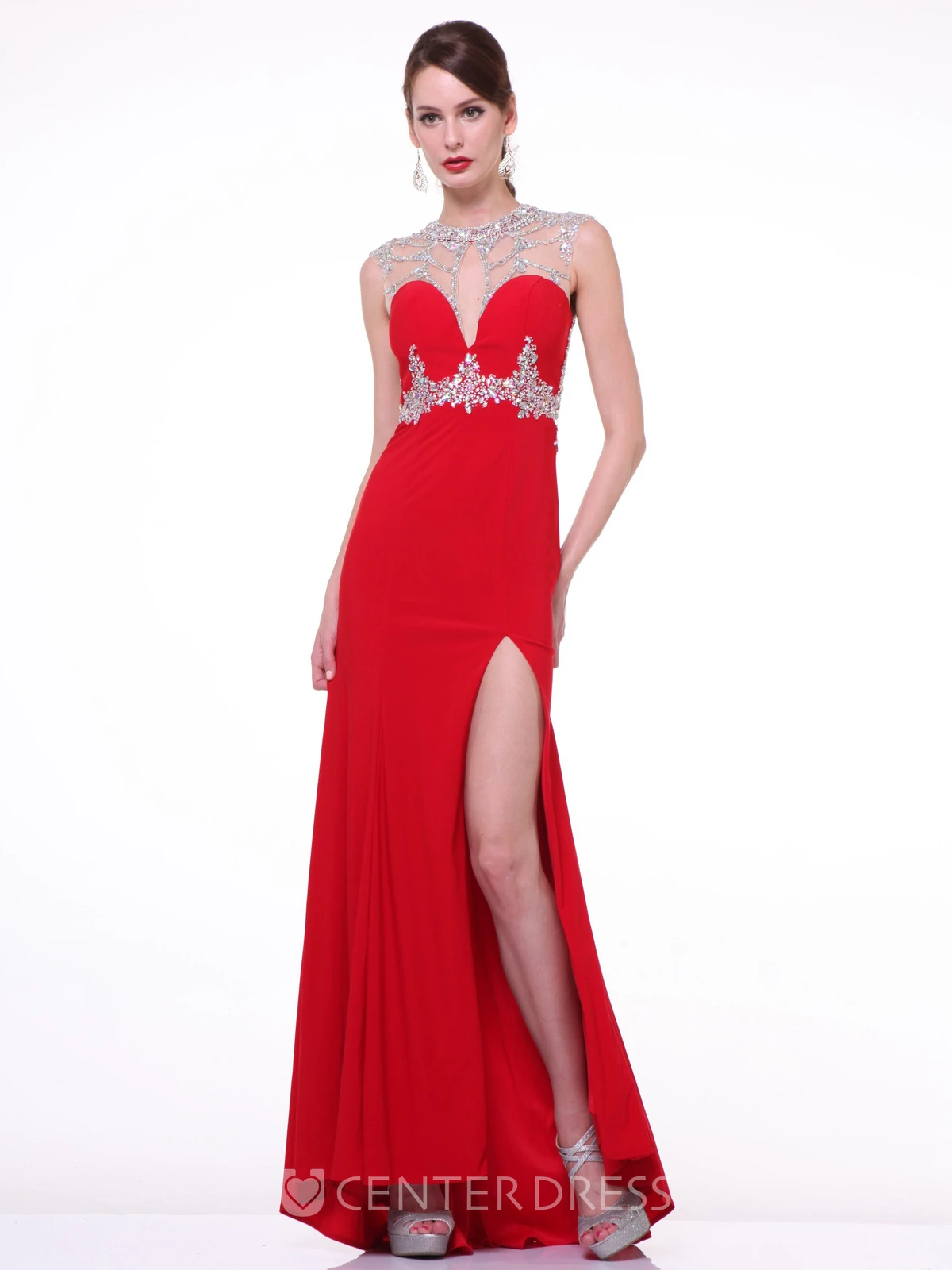 Sheath Long Jewel-Neck Jersey Illusion Dress With Beading And Split Front