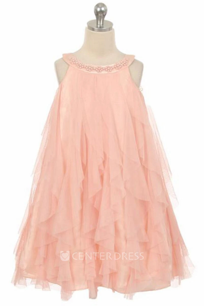 Floral Tea-Length Beaded Floral Satin Flower Girl Dress With Ruffles