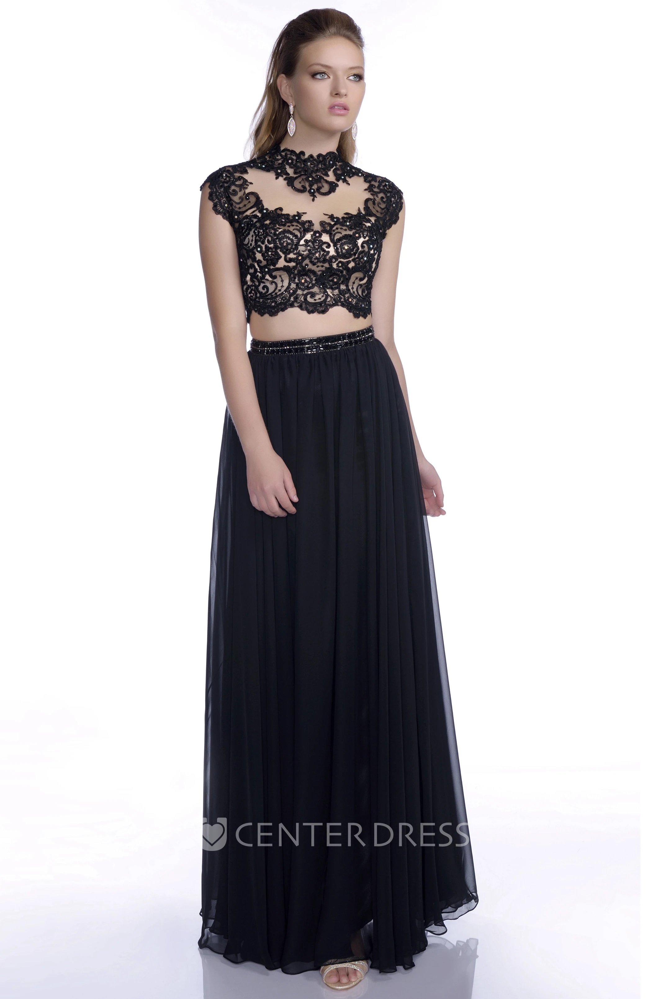 A-Line Chiffon Cap Sleeve Gown With Lace Bodice And Pleats