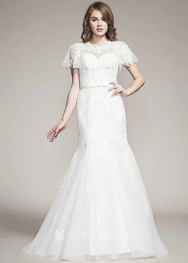 Mermaid Short-Sleeve Caped Floor-Length Lace&Tulle Spring Wedding Dress With Appliques And Beading