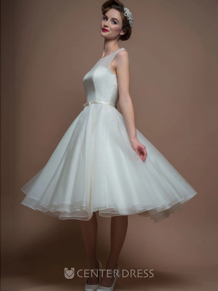A-Line Tea-Length Sleeveless Bateau-Neck Organza Wedding Dress With Illusion