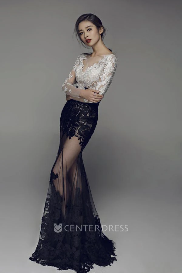 Appliqued Sexy Mermaid Illusion Long Sleeve Two Tune Dress