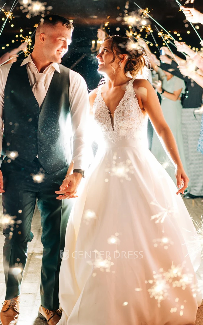 Elegant Lace V-neck A-Line Spring Wedding Dress With Low-V Back And Appliques