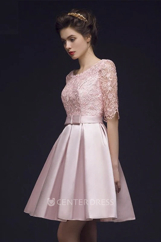 Adorable Lace Corset Back Half Sleeve Knee Length Dress With Bow