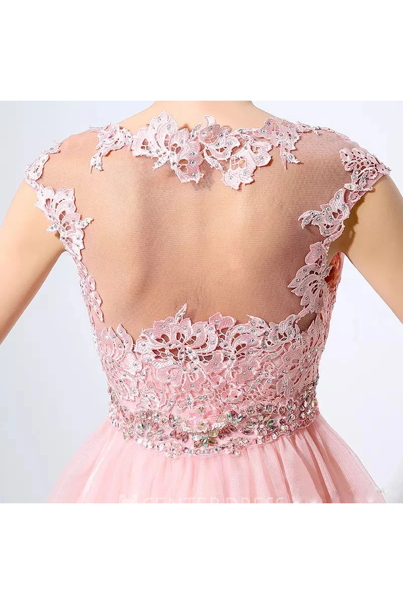 A-line Bateau Short Sleeve Beading Pleats Short Mini Lace Tulle Homecoming Dress