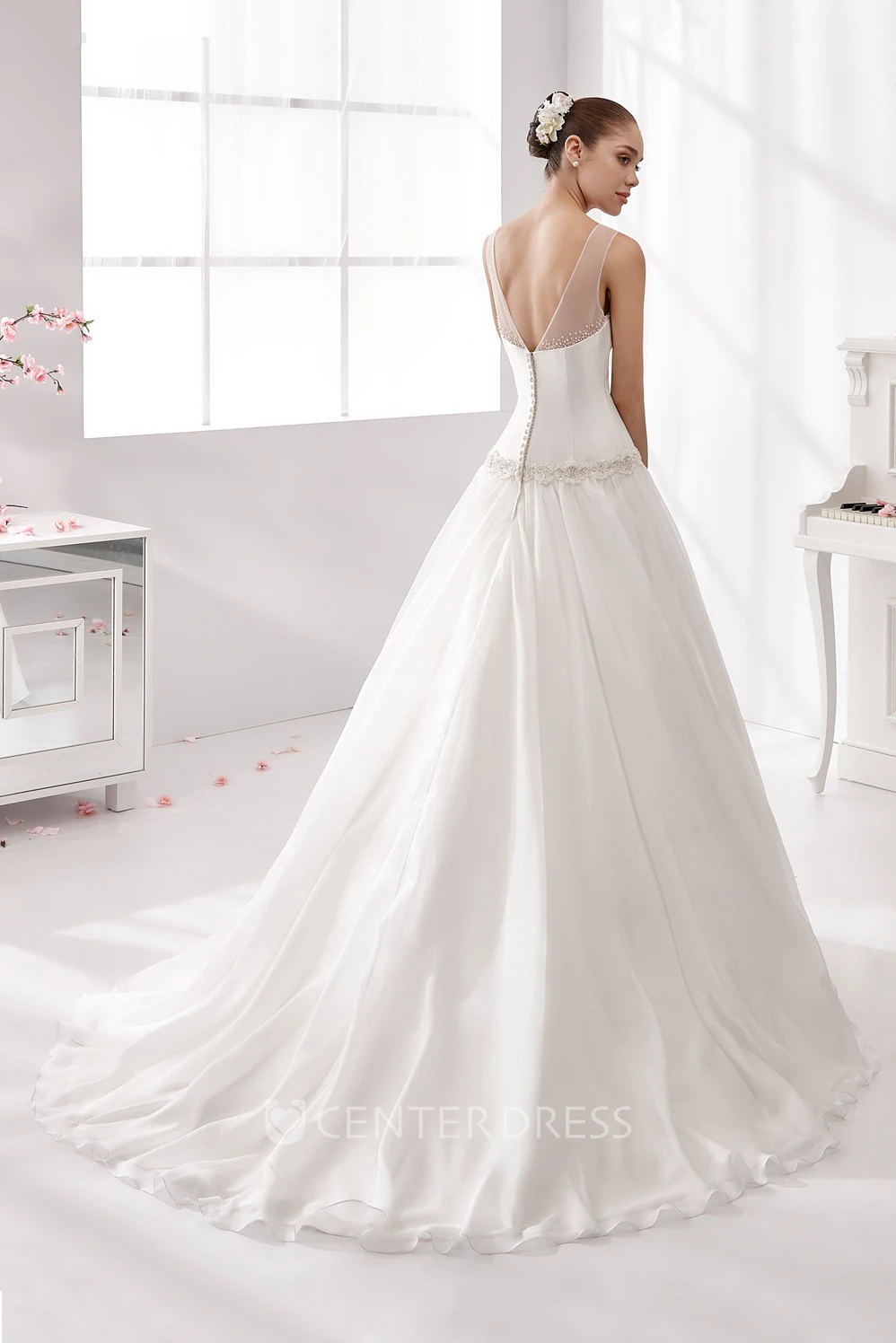 Jewel-neck Waist-drop Wedding Gown with Beaded Details and Illusive Neckline 