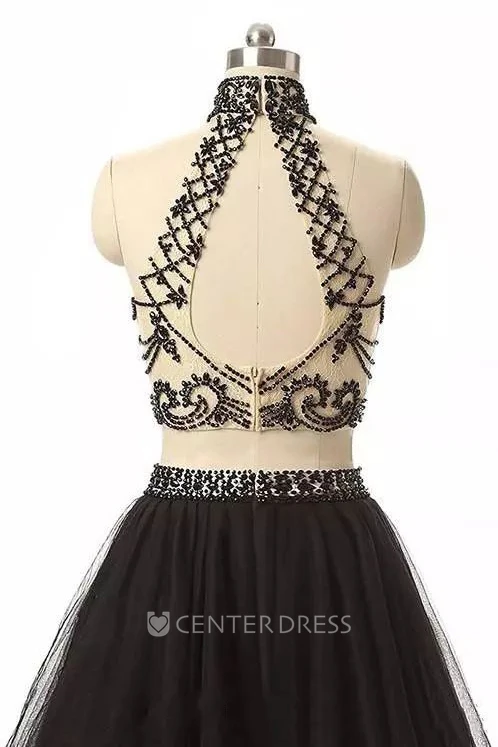 Two Piece High-low Sleeveless High Neck Beading Pleats Ruffles Tulle Homecoming Dress