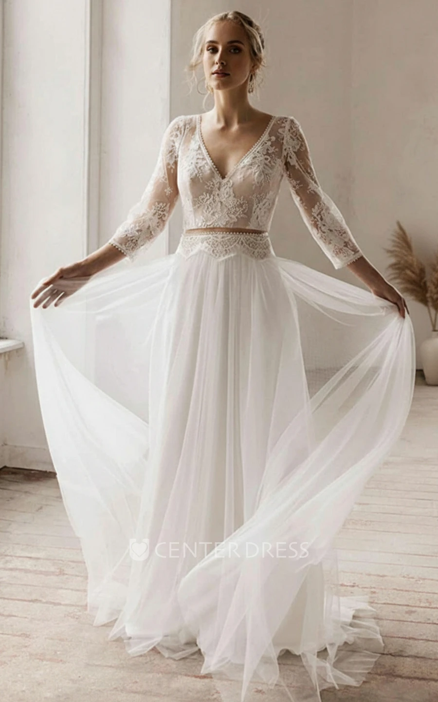 A-Line Lace Boho Wedding Dress 3/4 Sleeve V-Neck Elopement Beach Gown