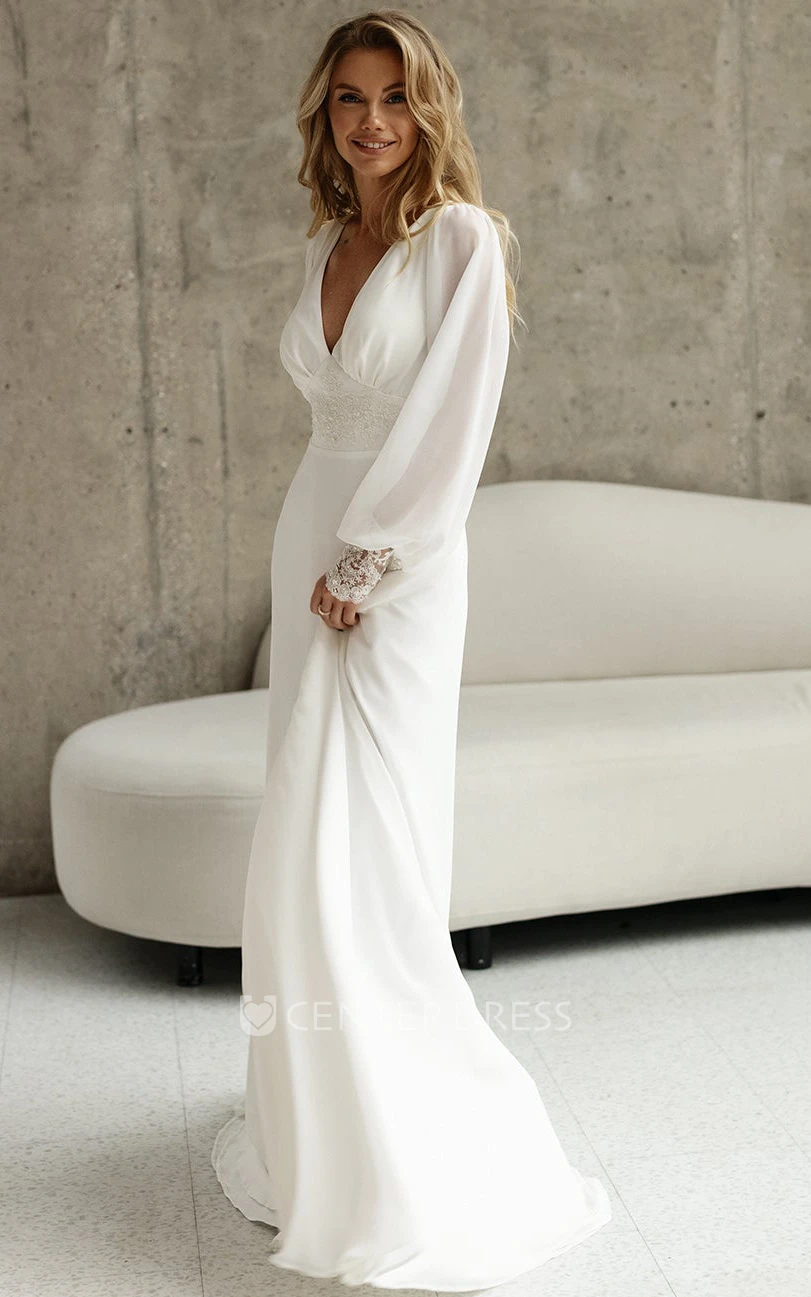 Modest Casual A-Line Bohemian Lace Sleeved Chiffon Warm Wedding Dress Charming Modern V-Neck Floor Length Bridal Gown