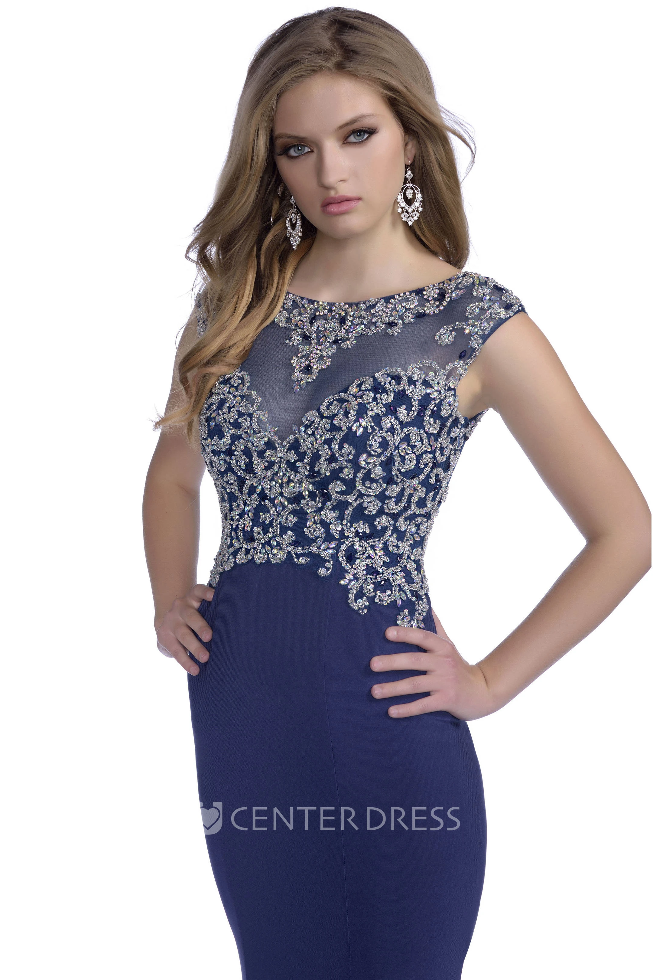 Mermaid Jersey Cap Sleeve Prom Dress With Rhinestone Bodice And Court Train