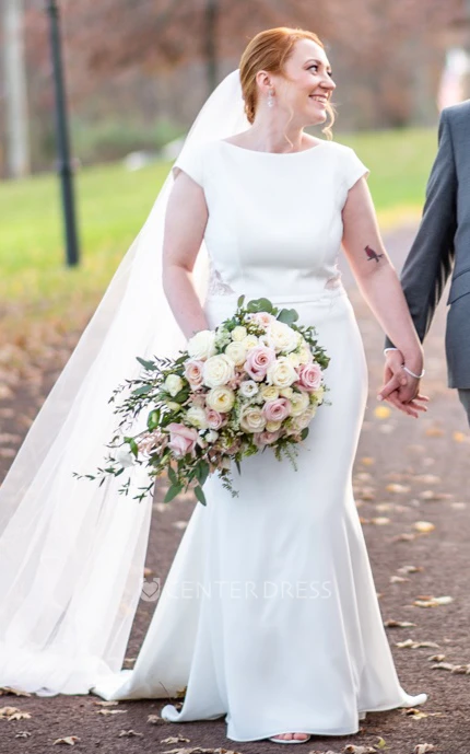 Casual Mermaid Illusion Back Style Solid Jewel Neckline Garden Wedding Dress with Sweep Train
