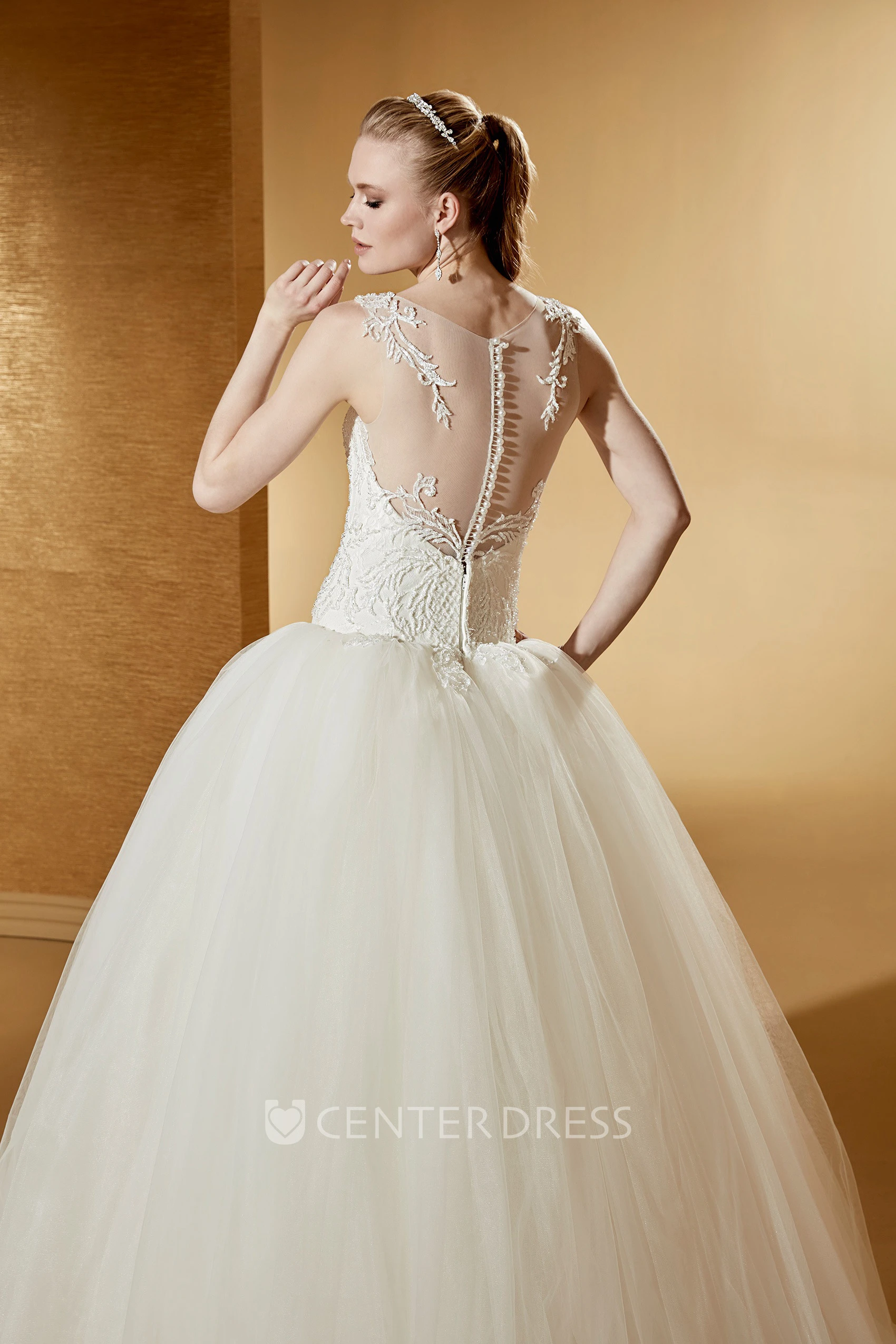 Illusive Jewel neck Wedding Gown with Exquisite Appliques and Puffy Skirt