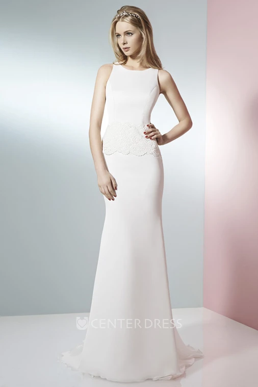 Long Scoop Appliqued Chiffon Wedding Dress With Sweep Train