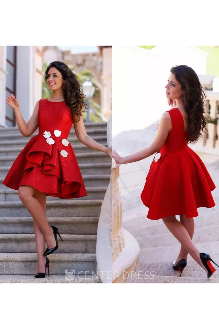 A-line Bateau Sleeveless Flower Ruffles Knee-length Satin Homecoming Dress