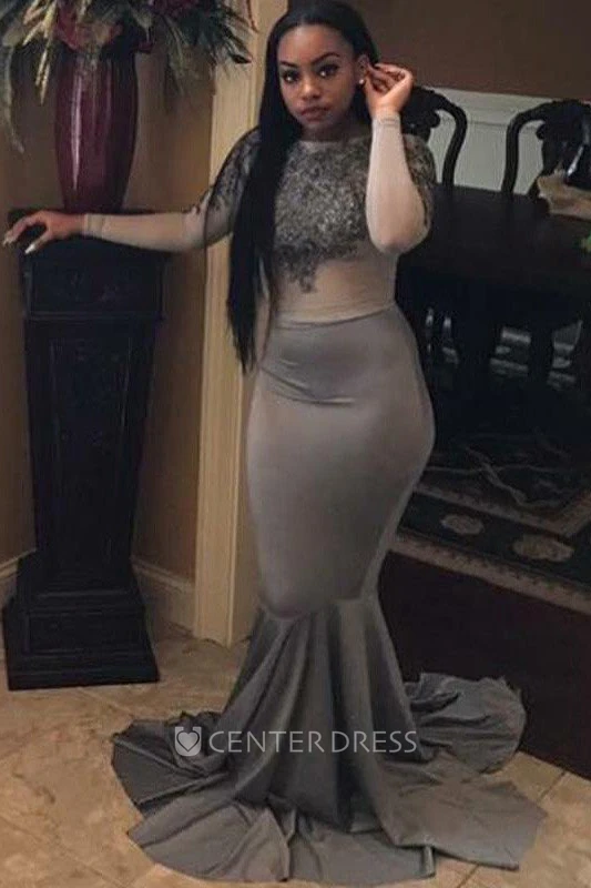 Illusion Long Sleeve Sweep Brush Train Mermaid Trumpet High Neck Satin Lace Dress