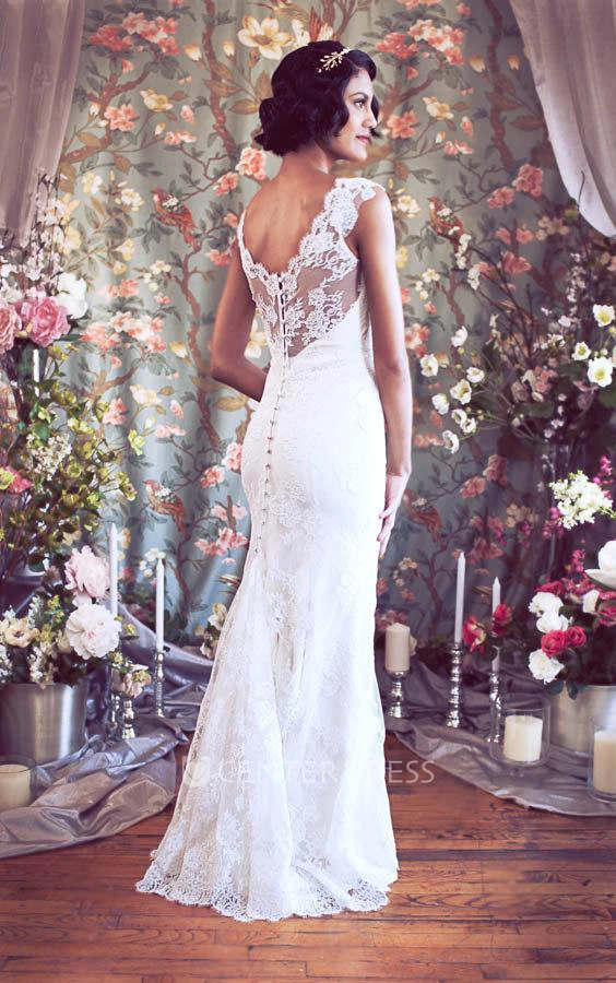 Long Cap Sleeves Mermaid Lace Wedding Gown With V-Neck