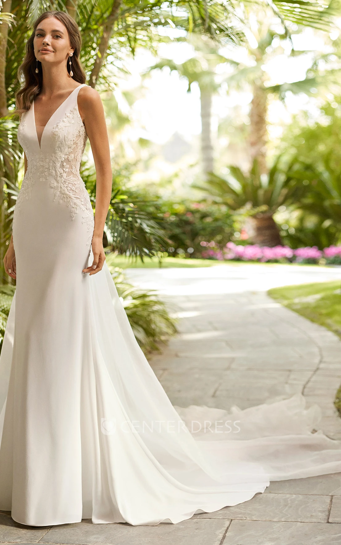 Satin Applique V-Neck Beach Wedding Dress Simple Sexy Western Romantic