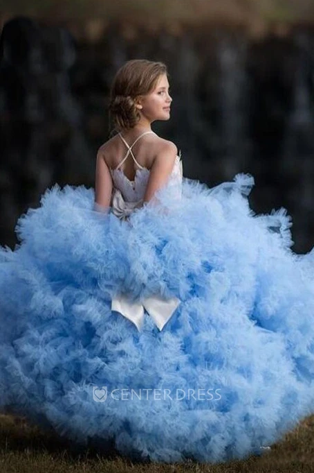 Floral Tulle Spaghetti Sash Bow Appliqued Flower Girl Dress