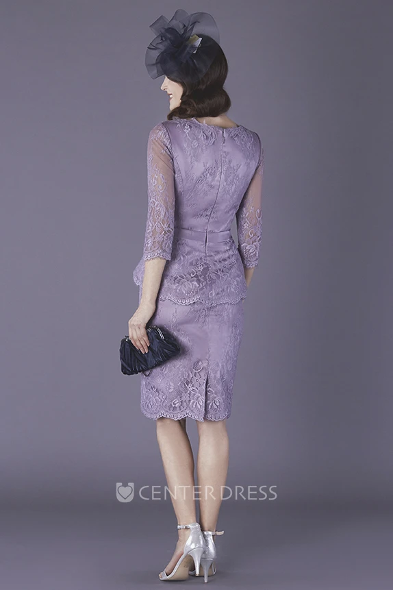 Knee Length 3/4 Illusion Sleeve Pencil Satin Mother Of The Bride Dress
