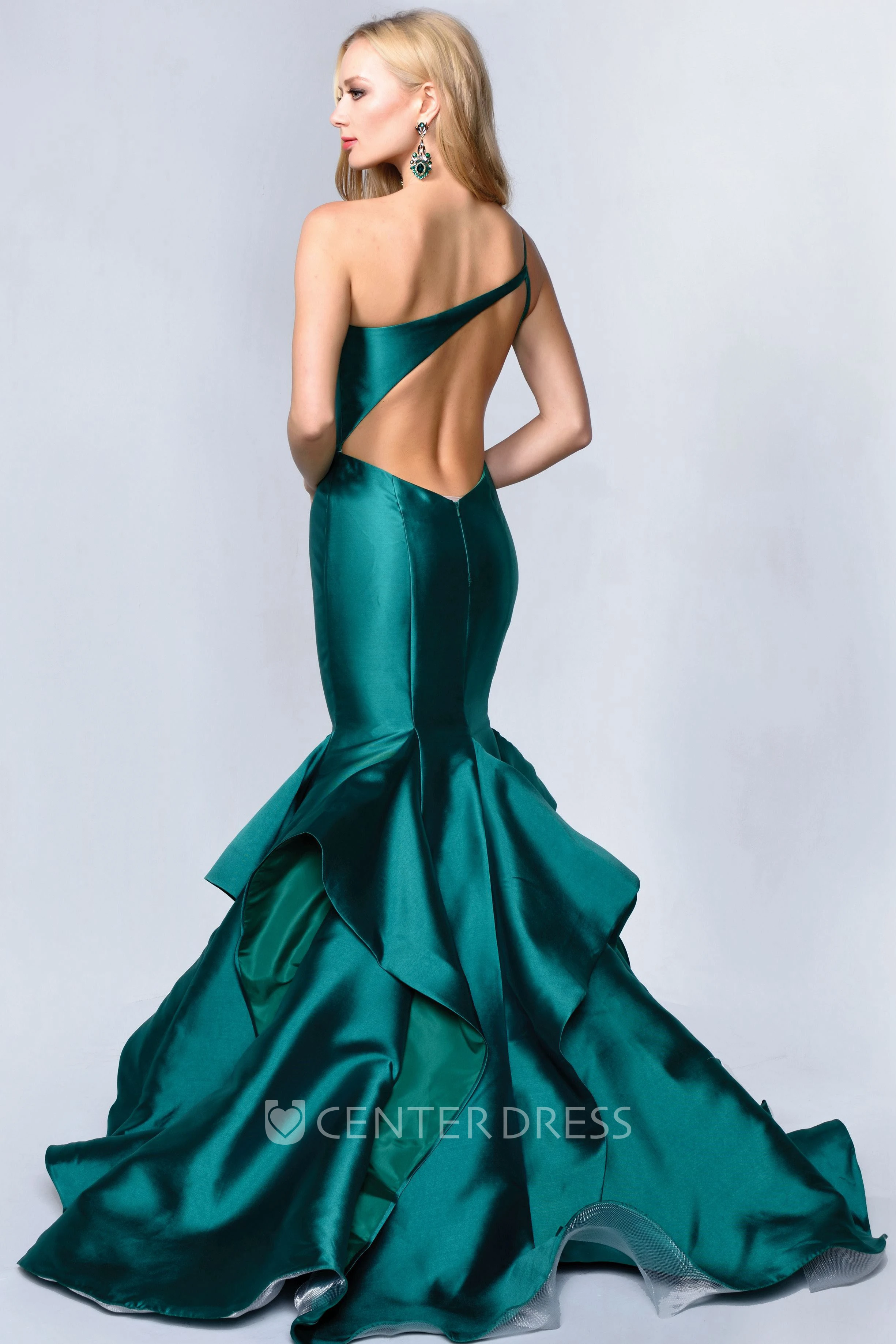 Trumpet One-Shoulder Sleeveless Satin Dress With Draping And Waist Jewellery