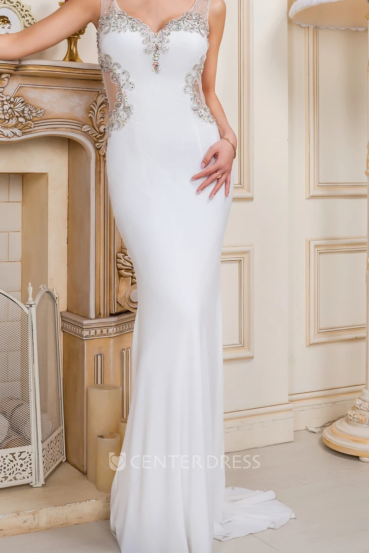 Sheath Sleeveless V-Neck Beaded Chiffon Evening Dress With Brush Train