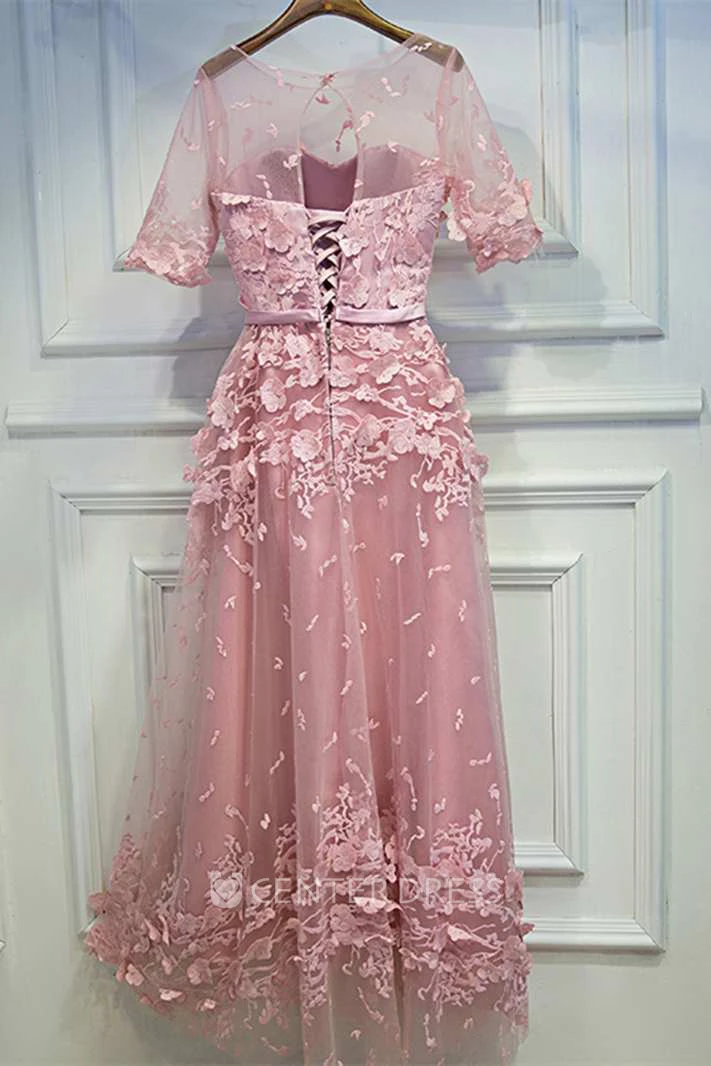 Half Sleeve Scoop Neck A-line Lace Dress With Sash