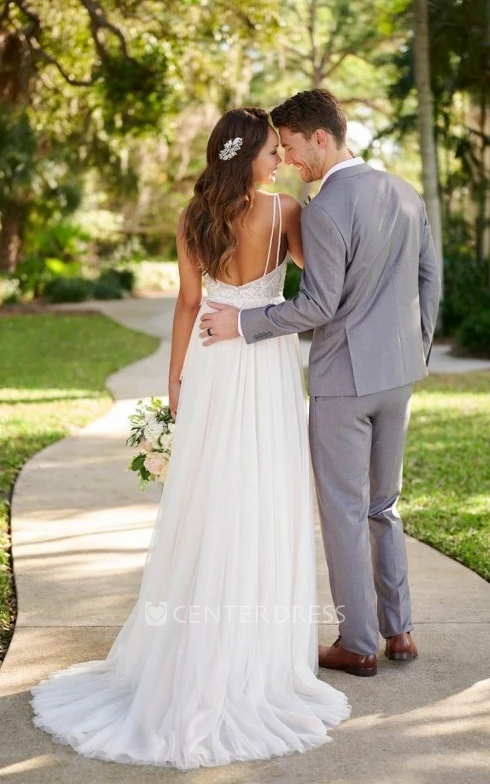 Simple Classic Tulle Applique Bridal Gown Garden A-Line Backless Spaghetti Wedding Dress