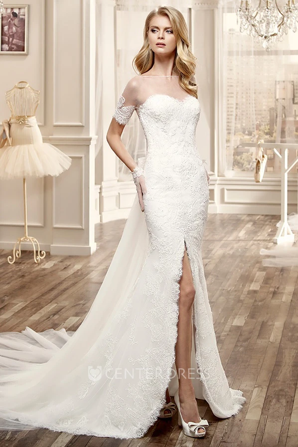 Side-Split Lace Long Wedding Dress With T-Shirt Sleeve Back Bow