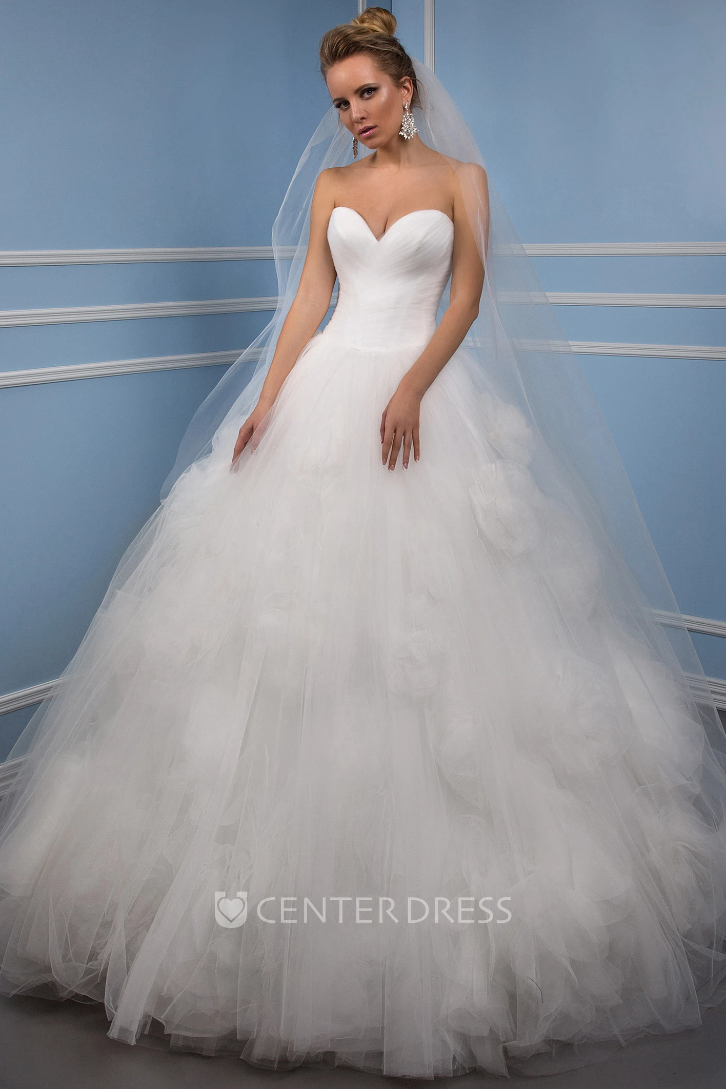 Sweetheart Floor-Length Criss-Cross Floral Tulle Wedding Dress