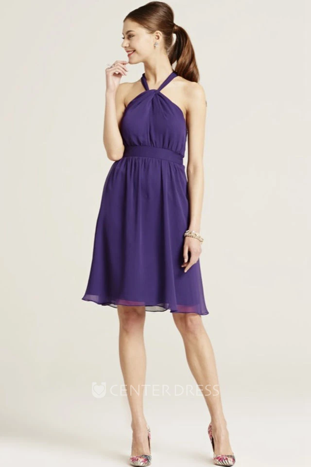 Knee-Length Sleeveless Ruched Halter Chiffon Bridesmaid Dress With Bow