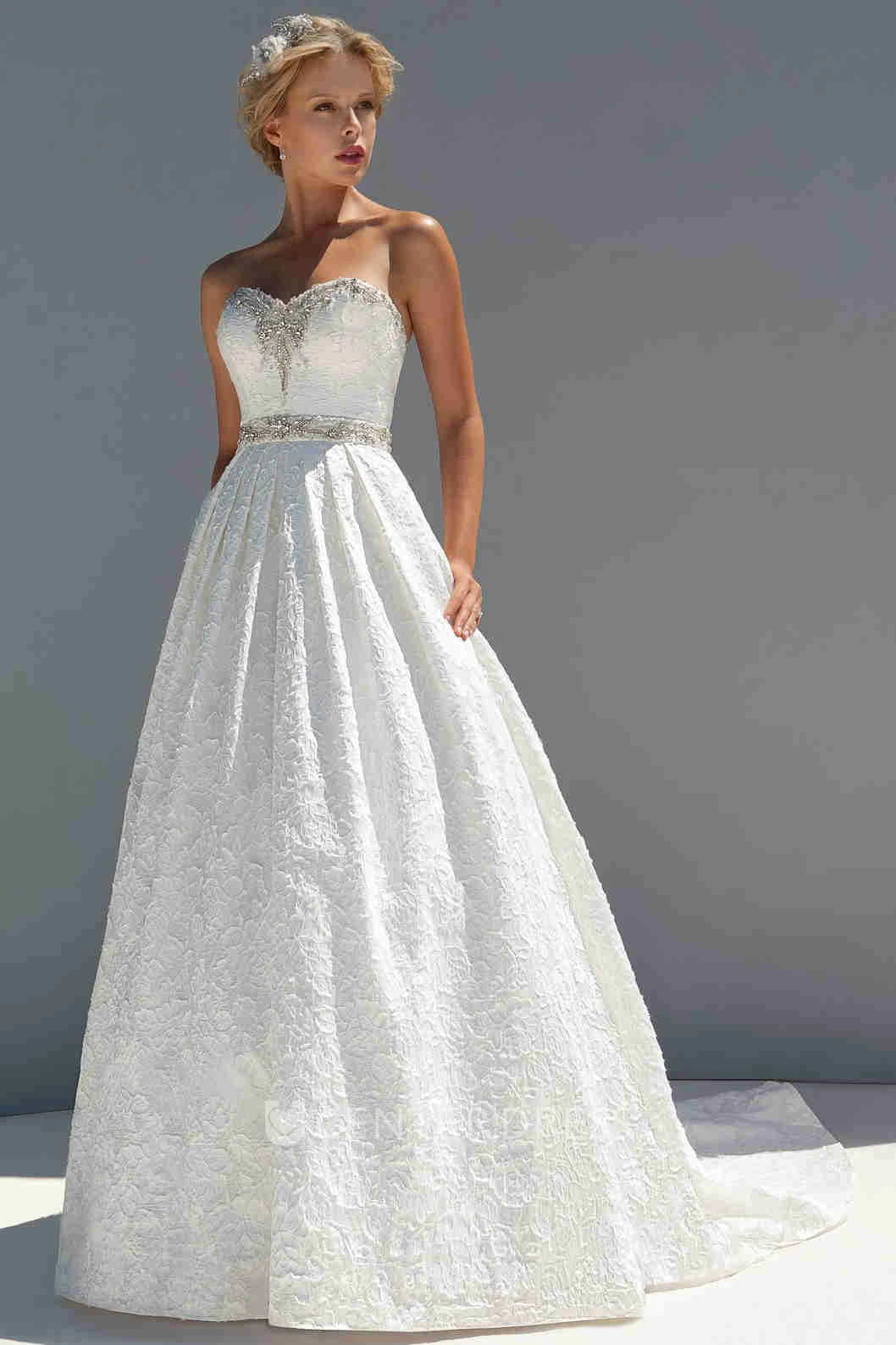 A-Line Long Sleeveless Sweetheart Appliqued Lace Wedding Dress With Waist Jewellery And Beading